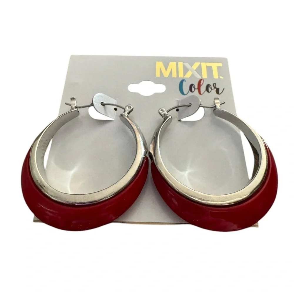 Mixit Red Hoop Silver Tone Earrings Retro Y2K 80s 90s Minimalist Chic‎ Party NWT